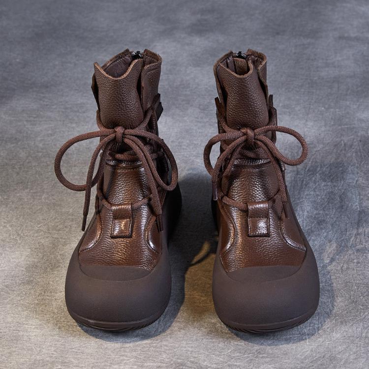 Johnature Handmade Vintage Mid-calf Boots Genuine Leather Women's Thick Soled Casual Versatile Short Boots