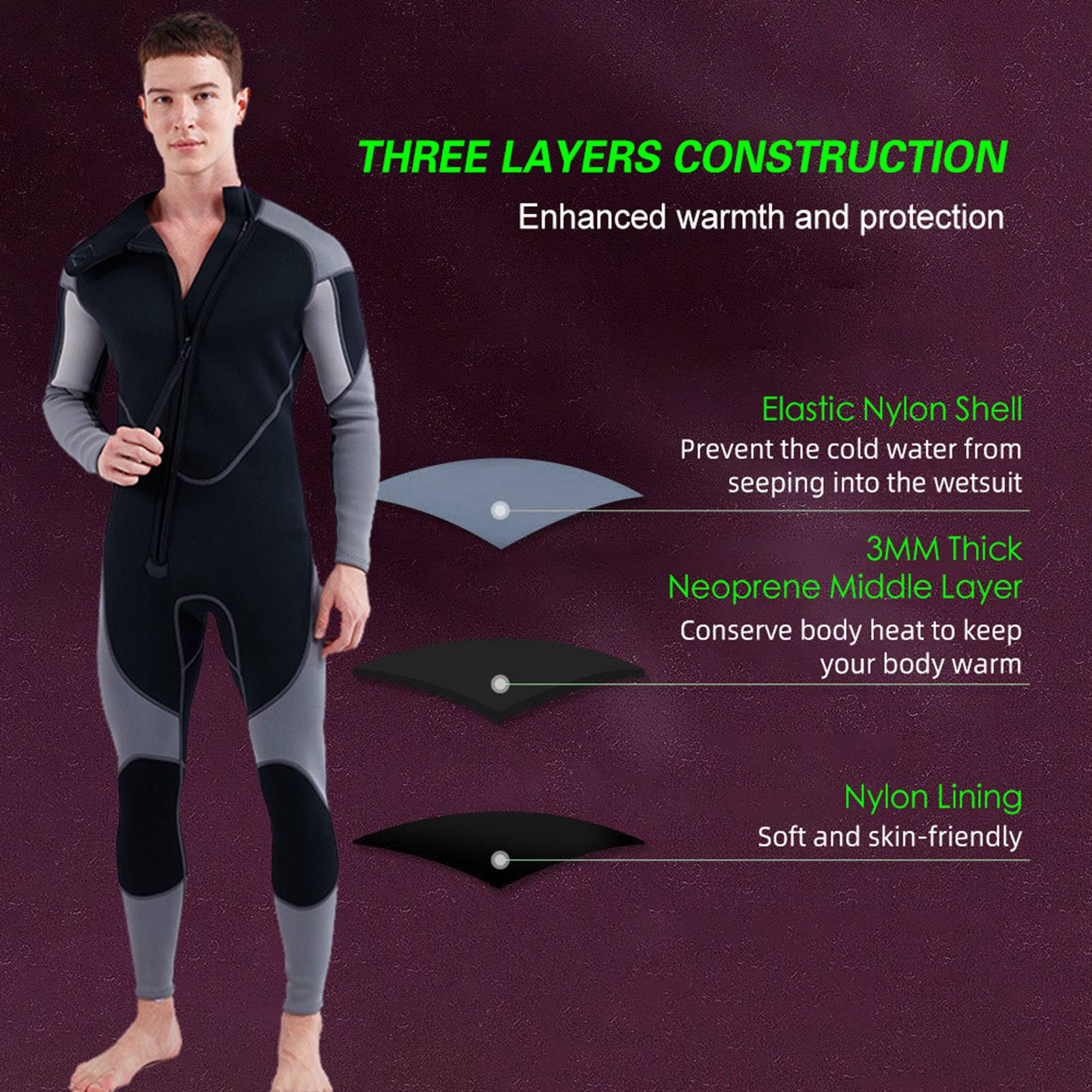 

3mm Neoprene Wetsuit for Men Front Zip Full Body Diving Suit for Snorkeling Surfing Scuba Diving Swimming