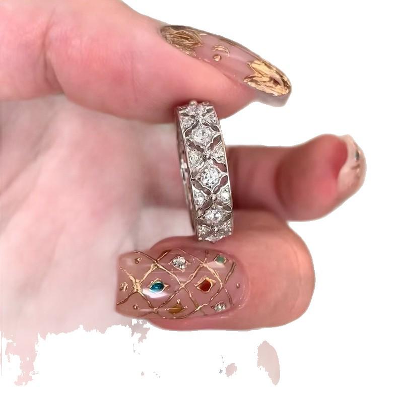 S925 Sterling Silver Rhombus Zircon Lace Ring for Women - Vintage Light Luxury Style