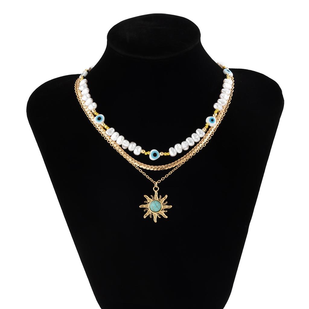 Ethnic Style Sun Flower Turquoise Pendant Necklace, Retro Imitation Pearl Eye Beaded Necklace