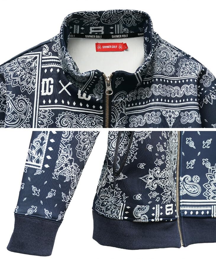 DIVINER GOLF Long Sleeve Golf Set for featuring a Paisley and Jogger Size Navy Men's Fall/Winter, Print, Stand-Up Collar, Pants. L, (Navy Logo).