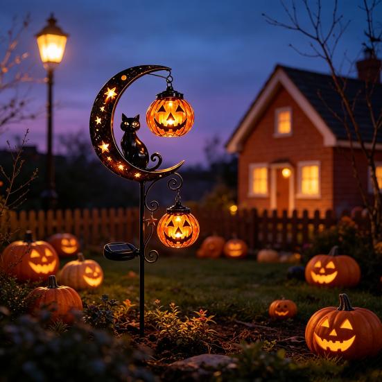 Decorative Metal Yard Stakes Solar Halloween Garden Stake Light, Auto On/Off Crescent Moon Black Cat with Hanging Waterproof Wrought Iron