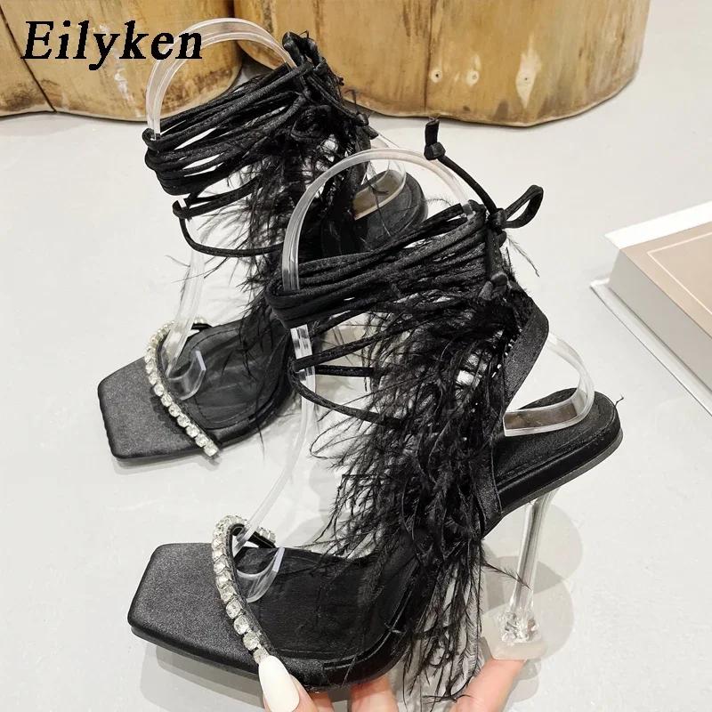 Fashion Eilyken Street Style Square Toe Woman Sandals Fashion Crystal Lace-up Transparent Perspex High Heels Shoes Party Dress Pumps