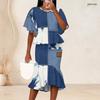 Women Plus Size Off White Blue Beige Printed Round Neck Batwing Sleeve Ruffle Hem Top Fishtail Skirt Two Piece Set