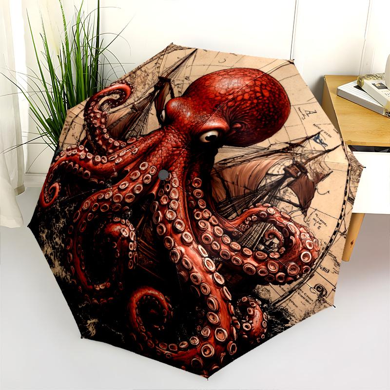 Ship Octopus pattern, automatic folding umbrella, portable and foldable design, 8 ribs, a Christmas or birthday gift.