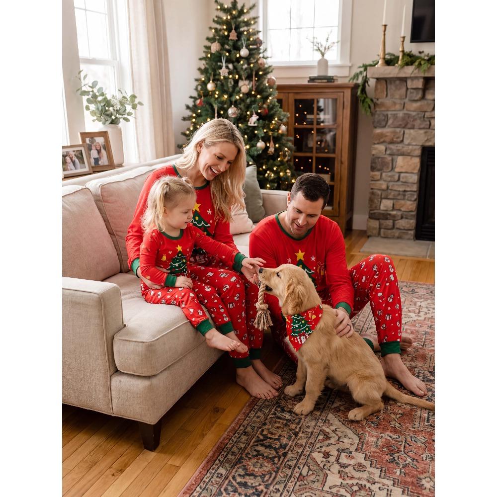 Christmas Pajama Set, Xmas Tree & Letter Print Long Sleeve Tops and Pants Sleepwear, Family Matching Christmas Pajamas Set for Men Women Boys & Girls