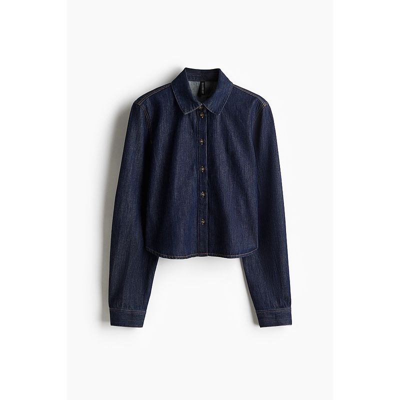 

HM Women s Autumn Fold Collar Casual Short Denim Shirt 1264054 Deep cowboy Blue 170/116