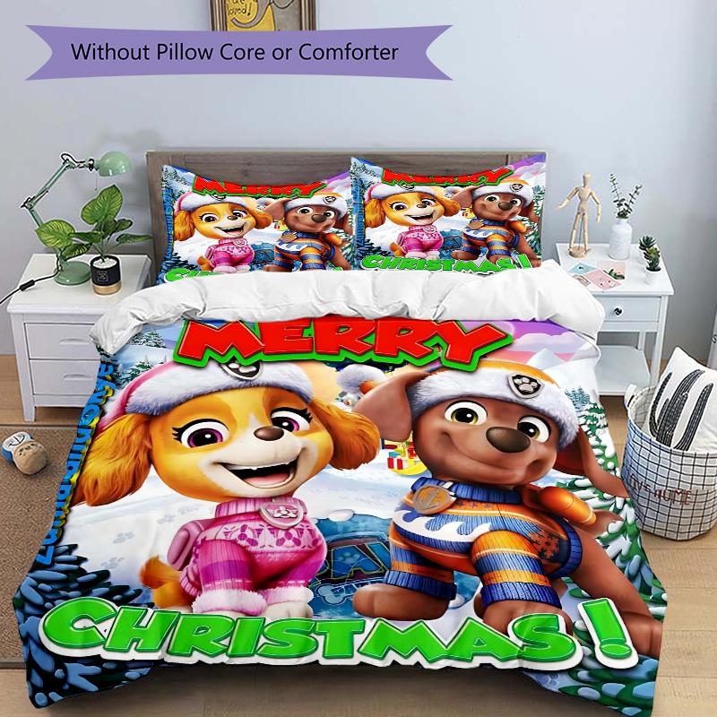 3Pcs Paw Patrol Christmas Bedding Set Quilt Cover Pillowcase Home Christmas Halloween Gift 1 Duvet Cover 2 Pillowcase S1429