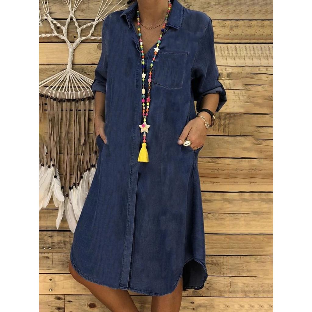 Solid Color Plus Size Denim Casual Dress for Women, Loose Casual Daily Dress