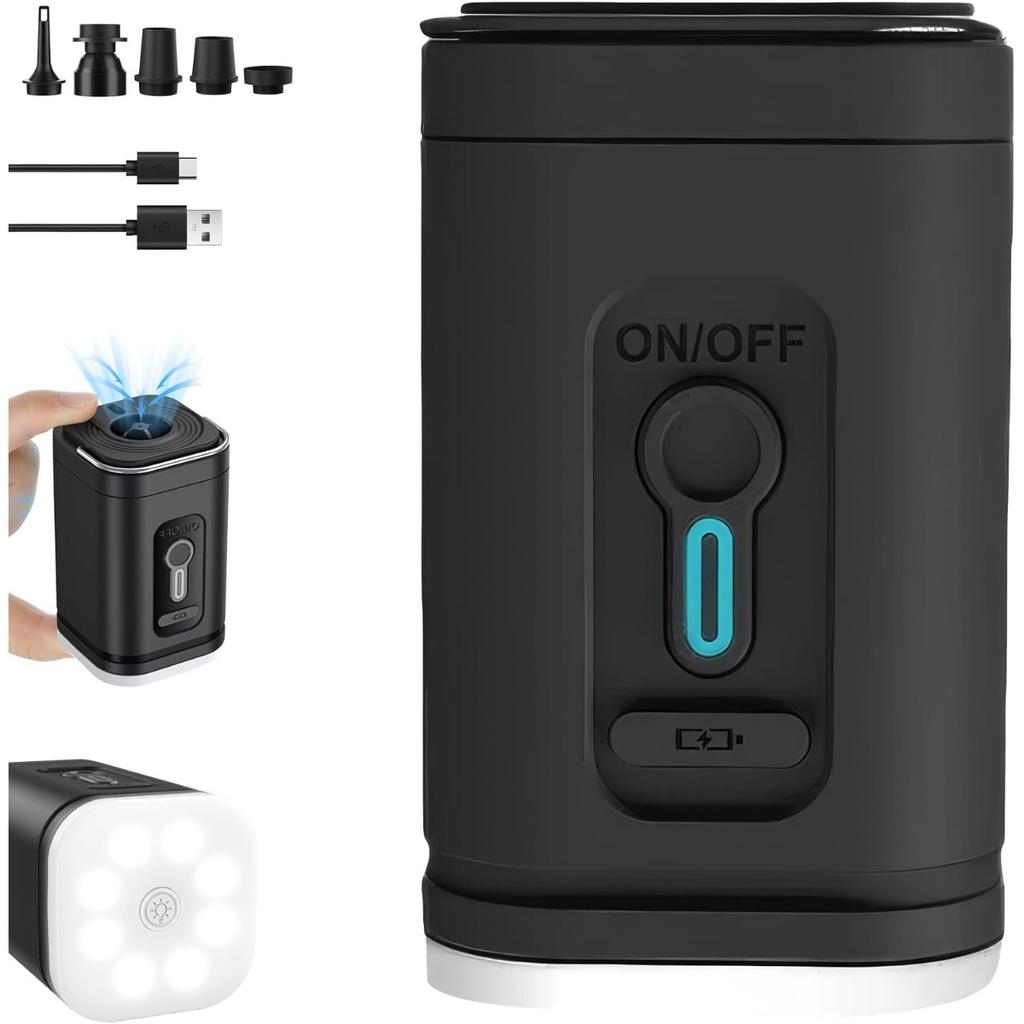 Kabellose Luftpumpe Tragbarer Elektrischer Luftkompressor Aufblas- & Ablasspumpe mit 5 Düsen LED-Licht für Pool Luftmatratze