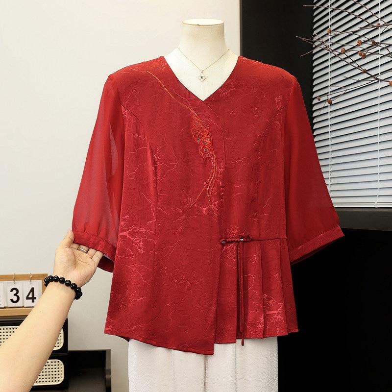 

Elegant Seven-Sleeve Chiffon Shirt and Top Set for Middle-Aged and Elderly Women 4XL (Suggested 135-150 jin)