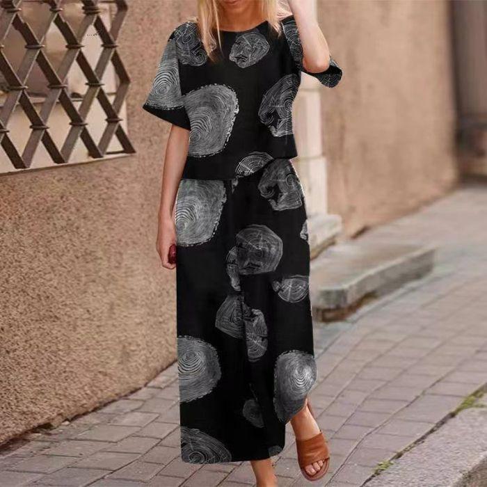 Summer Short-sleeved Cotton and Linen Two-piece Women's Casual Printed Trousers Suit