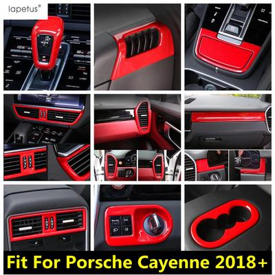 Red Gear Shift Head / Window Lift / Water Cup / Dashboard Screen Strip Cover Trim Accessories For Porsche Cayenne 2018 -