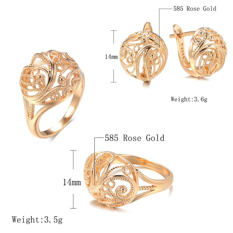 Trendy Unique Women Earring Ring Sets  Rose Gold Hollow Pattern Fashion Earring Ethnic Bride Wedding Jewelry Set