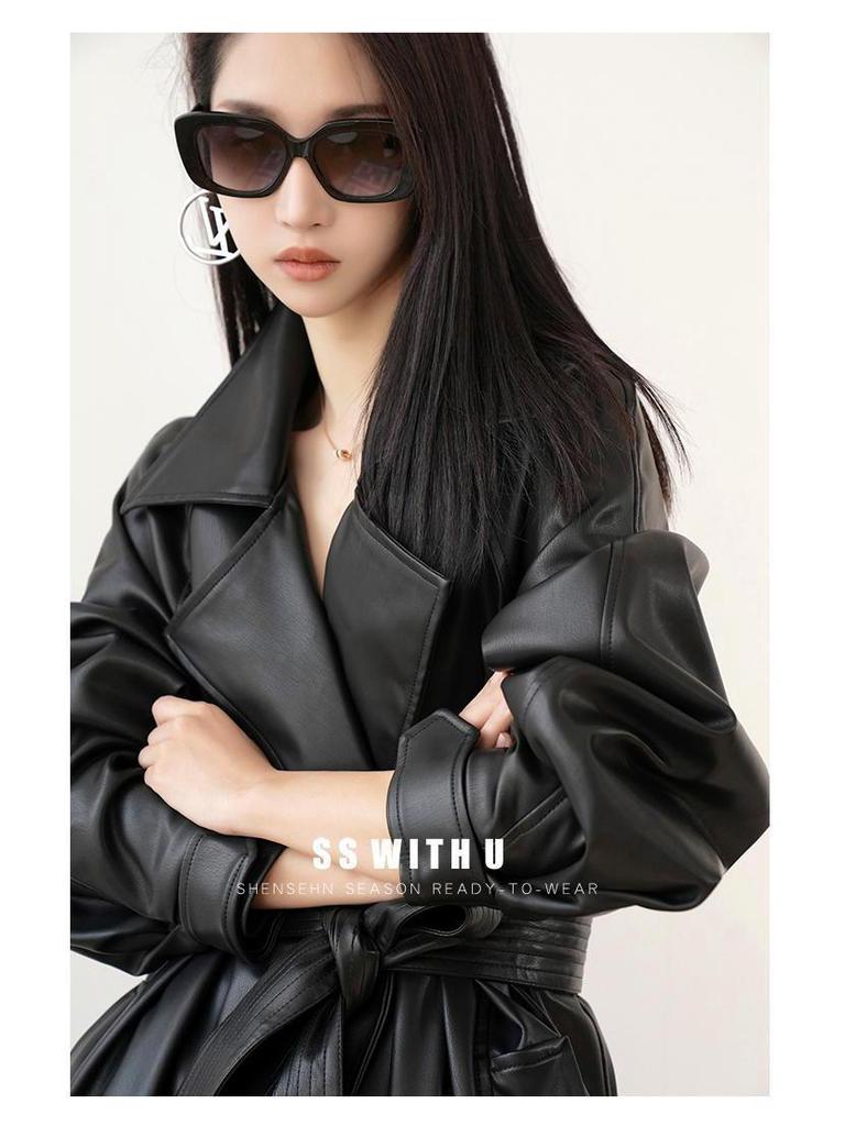 Damen Lederjacke in mittlerer Länge: Europäischer & Amerikanischer Stil, Herbst/Winter 2025, Mit Samt gefüttert, Verdickter Trenchcoat