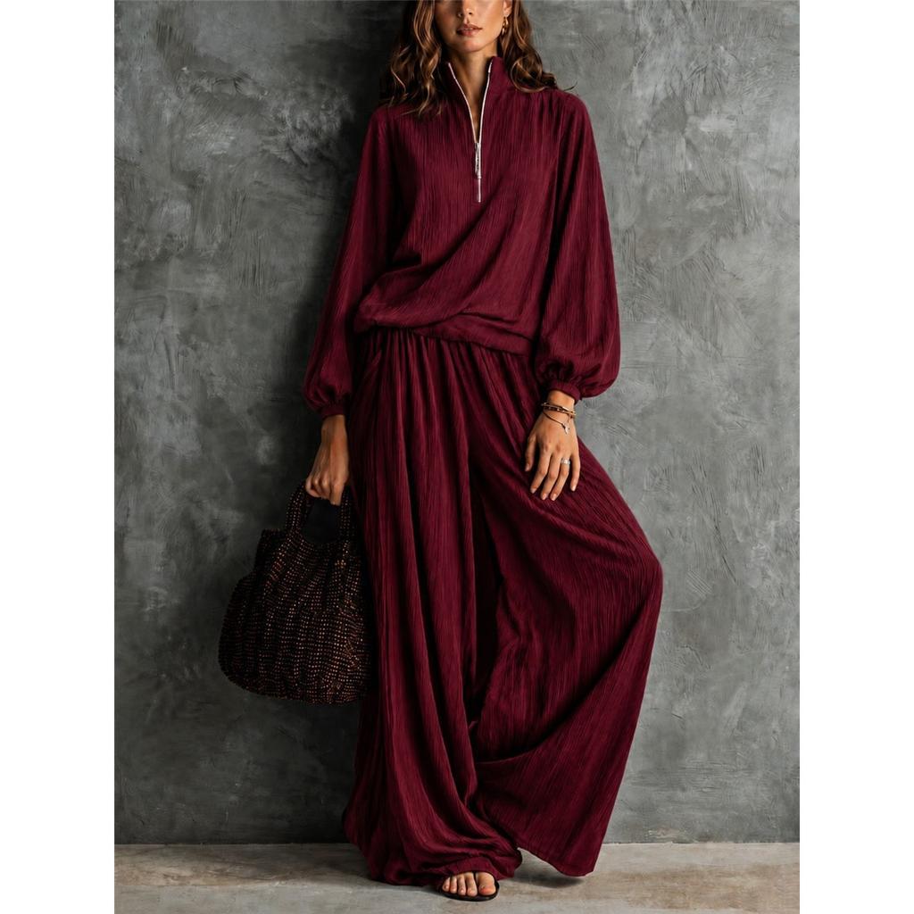 Women Half‑Zip Stand Collar Two‑Piece Outfit Lantern Long‑Sleeve Top + Elastic Waist Wide Leg Pants Loose Casual Co‑Ord Set