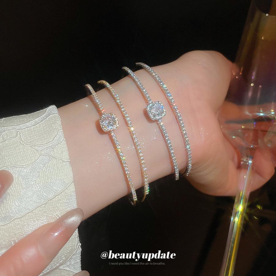 Korean Minimalist Zircon Geometric Open Cuff Bracelet - Light Luxury & Exquisite Design