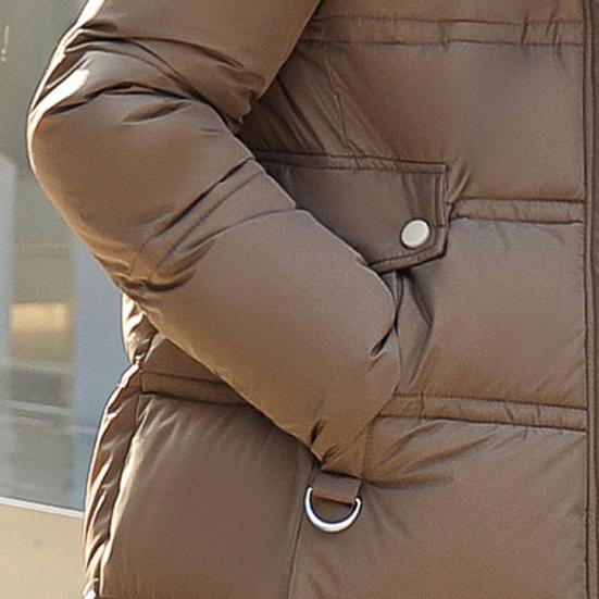 Winter Women Cotton Jacket with Hood Neck Protection Long Sleeves Pockets Mid-calf Length Zipper Closure Padded Coat Solid Color Windproof Outwear