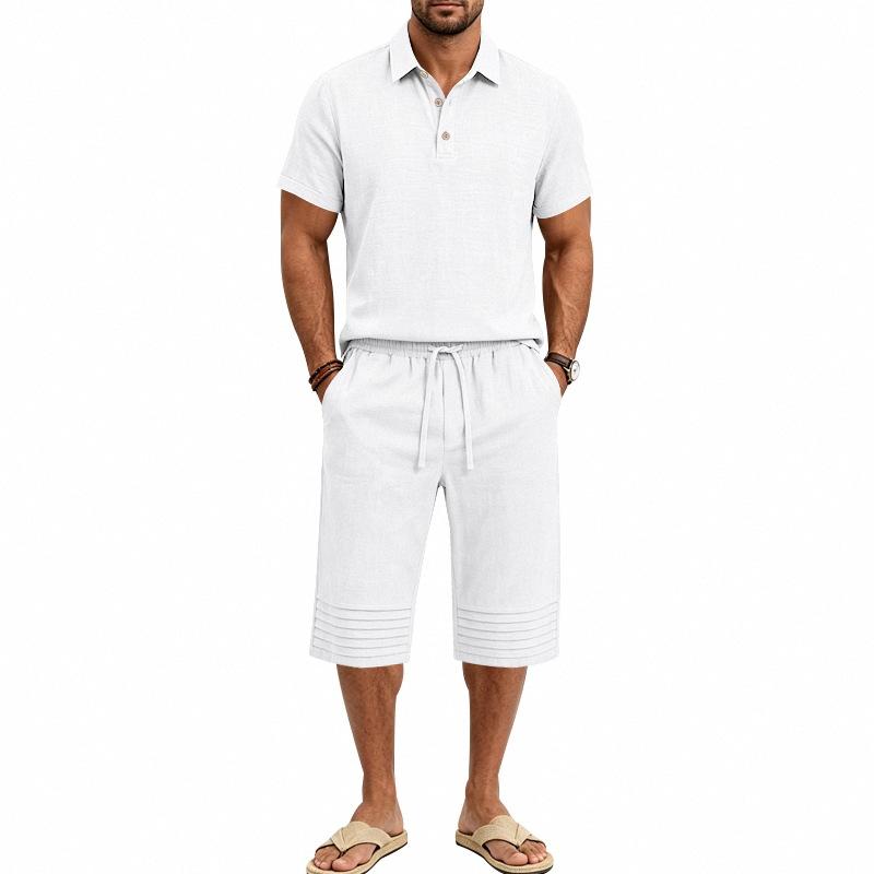 Summer Men's Casual Sportswear Sets Lapel Men's Short-Sleeved Shirt and Shorts Solid Beach Set