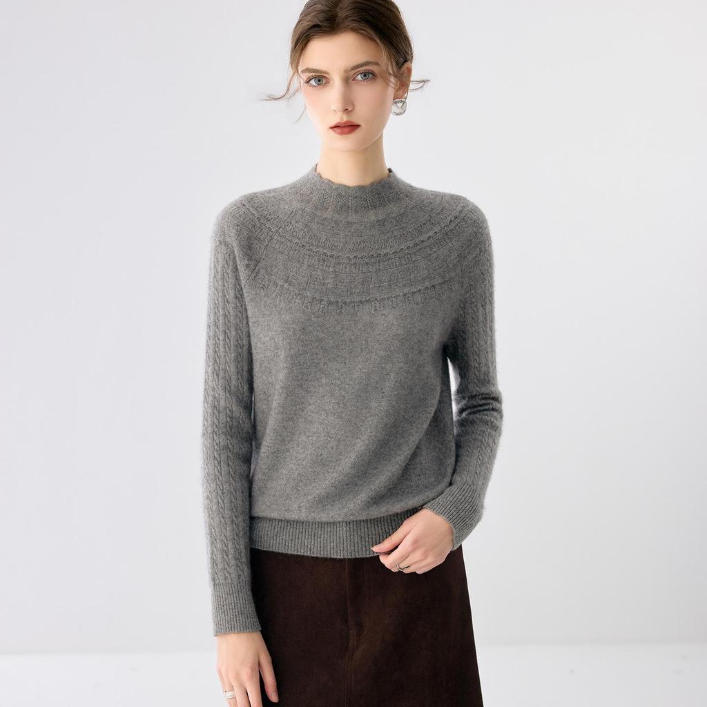 12-Gauge Women's Cashmere Crochet Hollow-Out Turtleneck Pullover Sweater