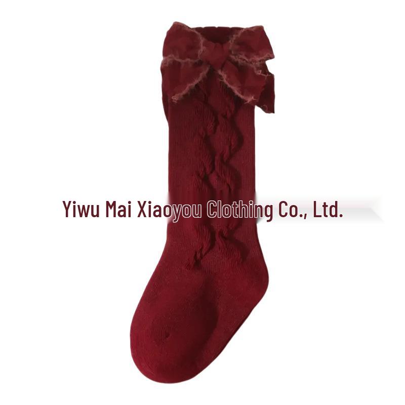 Girls' Mid-Calf Bow Princess Socks with White Lace for Spring & Autumn