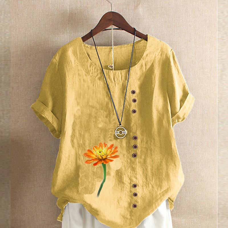 Dámské módní tričko s krátkým rukávem s květinovým potiskem Volná bavlněná košile Ležérní volná letní halenka Topy Plus size