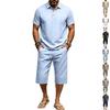Men's Summer Linen Polo Shirt and Shorts Set Casual Loose Fit Short Sleeve 3/4 Pleated Shorts 2 Piece Outfit