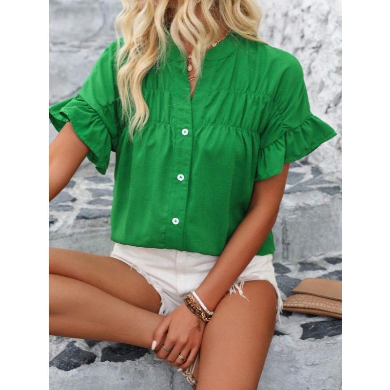 YYFS Women's Fashion Casual Summer Spring Solid Color Print Short Sleeve V-Neck Blouses & Shirts