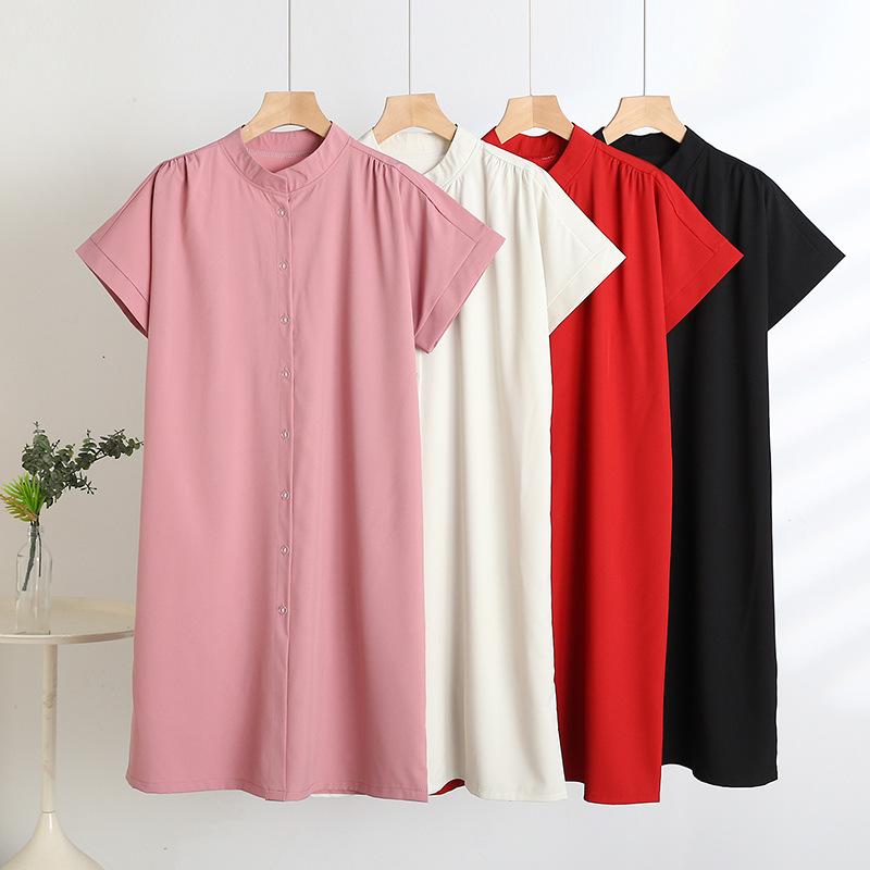

Korean Style Solid Color Summer Short Sleeve Loose Fit Dress for Women 3XL 90-135 lbs вино красного