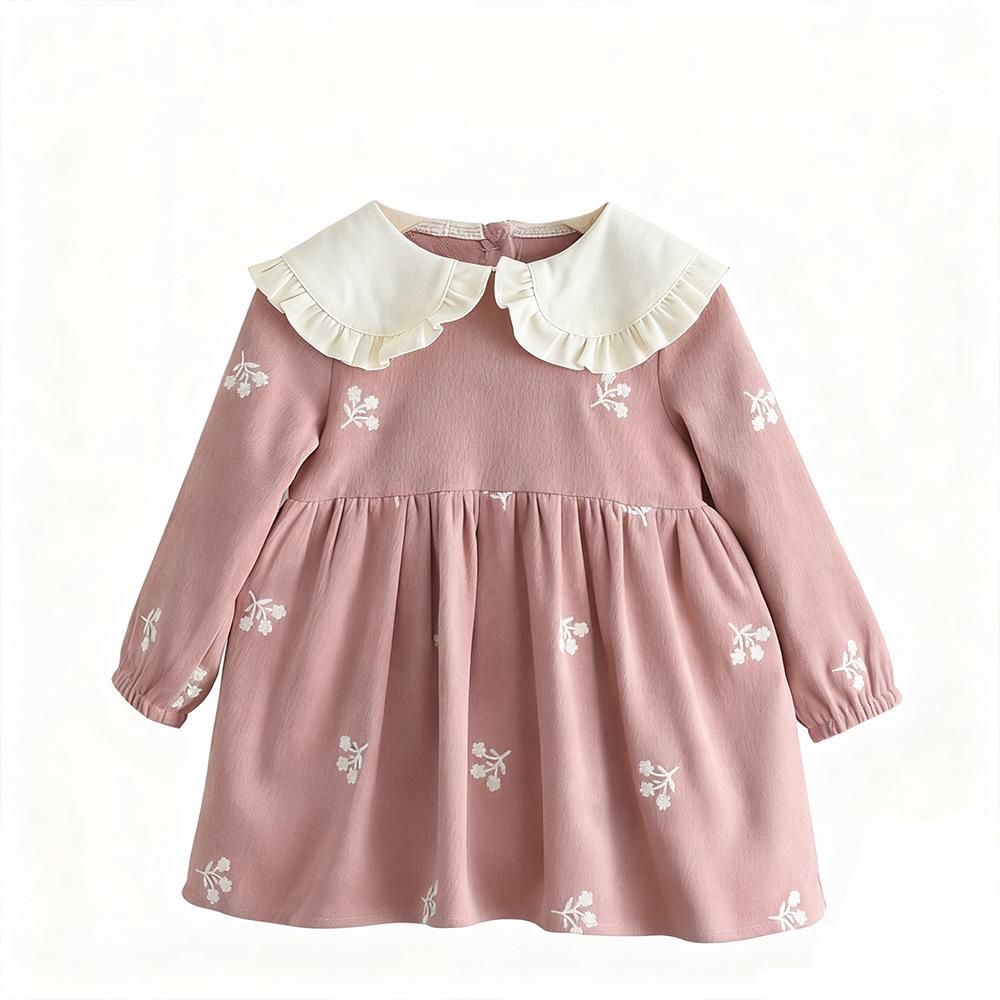Schickes einfarbiges Kleid mit Puppenkragen für Mädchen - Frühling/Herbst Neuankunft, Langärmeliges besticktes Prinzessinnenkleid für Baby-Mädchen