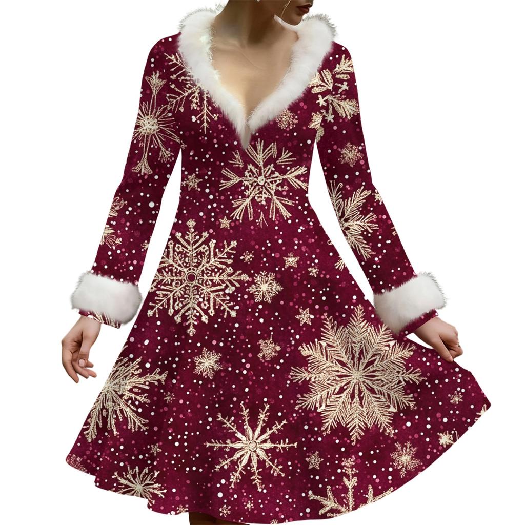 Women's Casual V-neck Christmas Print Plush Long-Sleeve Casual Dress