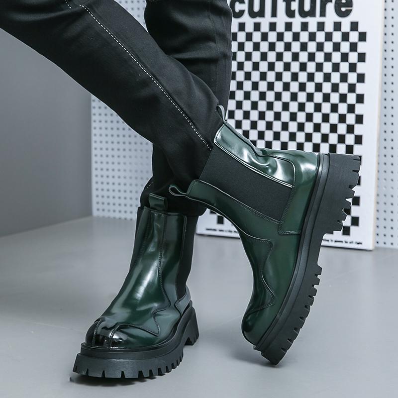 Men’s Chelsea Thick Sole Platform Punk Green Leather Boots Elevator Street Style Big Head Motorcycle Boots High Boots Plus Size
