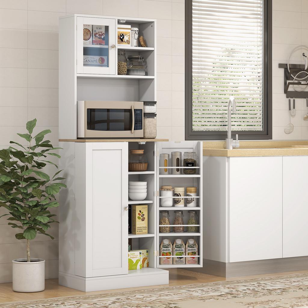 Kitchen Microwave Cart with Open Shelves and Cabinet with Spice Rack, 60x35x169 cm, White