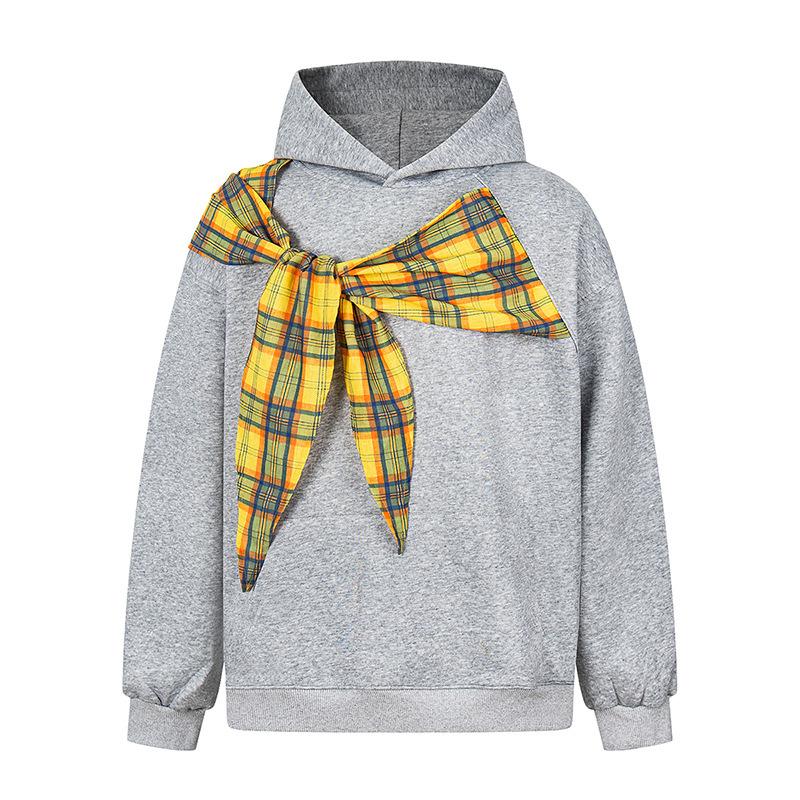 American Retro Bow Plaid Strap Autumn and Winter Hooded Sweatshirt Men and Women Loose Casual Heavy Jacket Tops