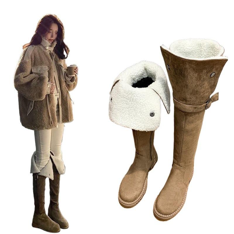 Lamb Wool Boots Women Over the Knee Boots 2025 Fleece Thin Snow Boots Women Flat Bottom Internet Celebrity Tall Thin Boots