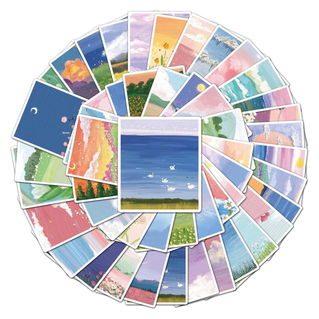 50 Scenery Oil Painting Graffiti Stickers for Children's DIY Diary, Skateboard, Phone Case, and Suitcase.