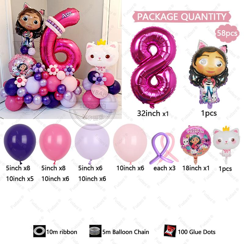 58pcs Cute Gabby Dollhouse Cats Theme Balloon Children's Birthday Party Decoration Latex Foil Ball Girl Gabby's Doll Balloon Toy