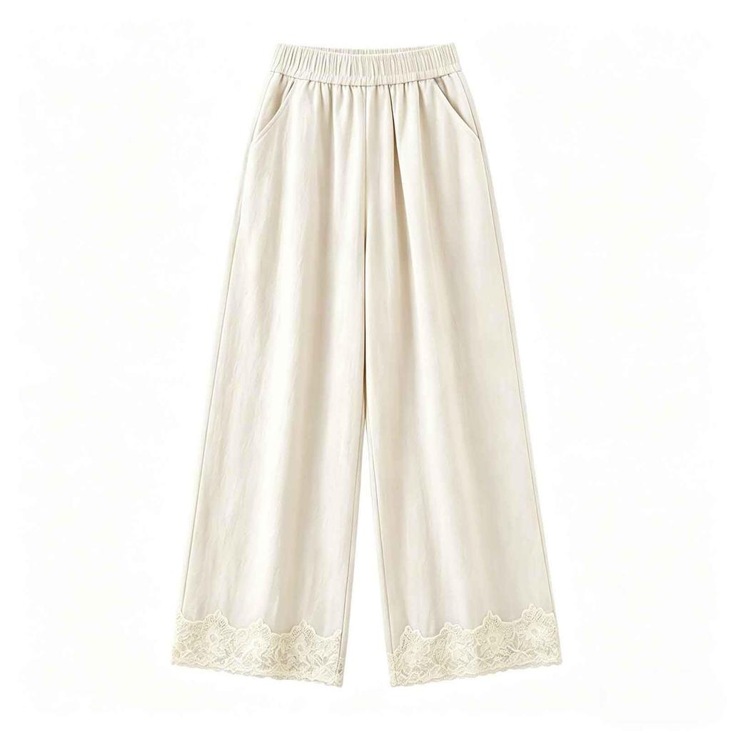 Women High Waist Loose Fit Cotton Linen Pants with Elastic Waistband and Pockets Casual Wide Leg Trousers Embroidered Hem