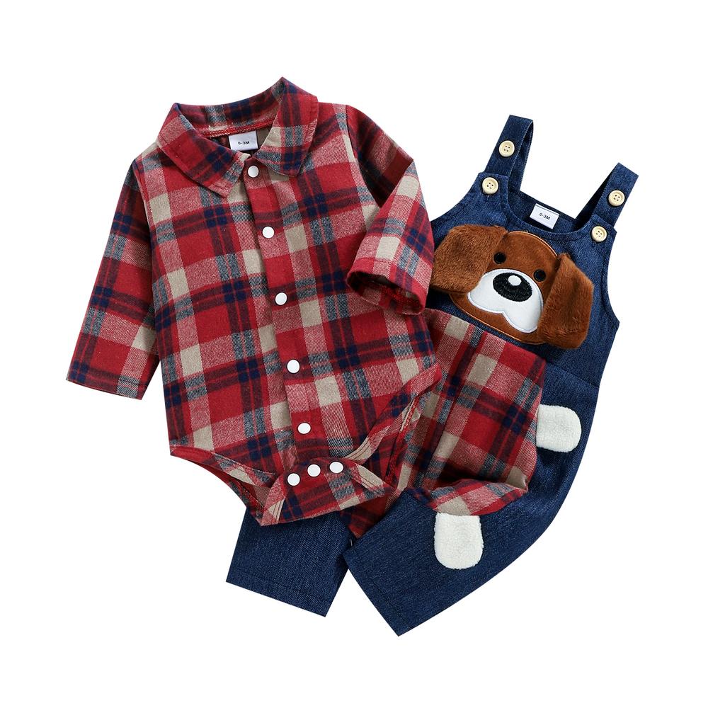 Infant Baby Boys Suit, Spring Autumn Long Sleeve Plaid Romper+Cartoon Dog Pattern Long Suspender Pants