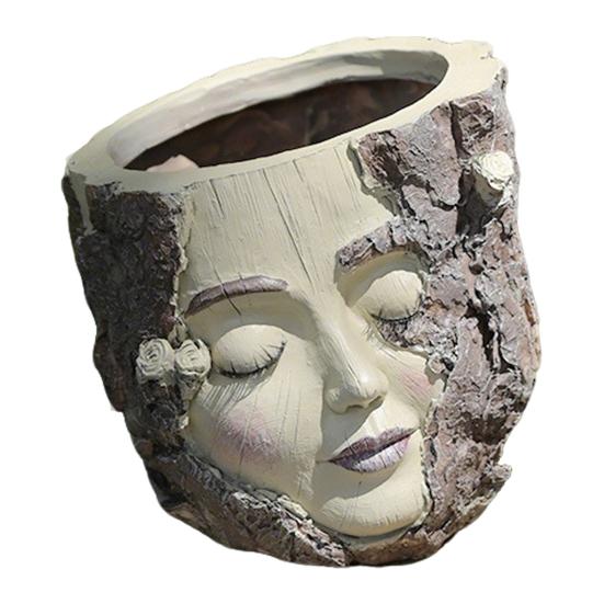 Handmade Girl Face Stump Planter 5" Resin Head Tree Stump Flower Vase with Drainage Hole for Outdoor Garden Patio Desk Decor