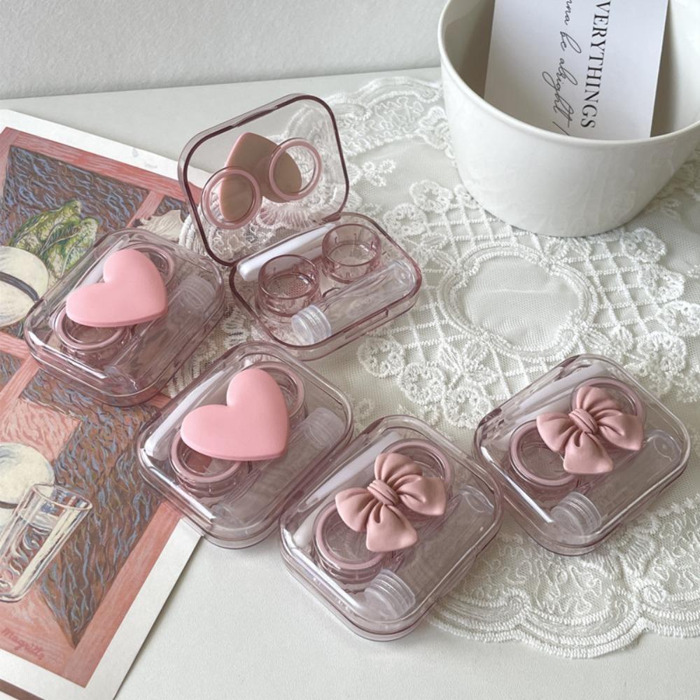 Transparent Bow Lenses Case Pink Eye Care Container Box Portable Cosmetic Contact Lenses Box