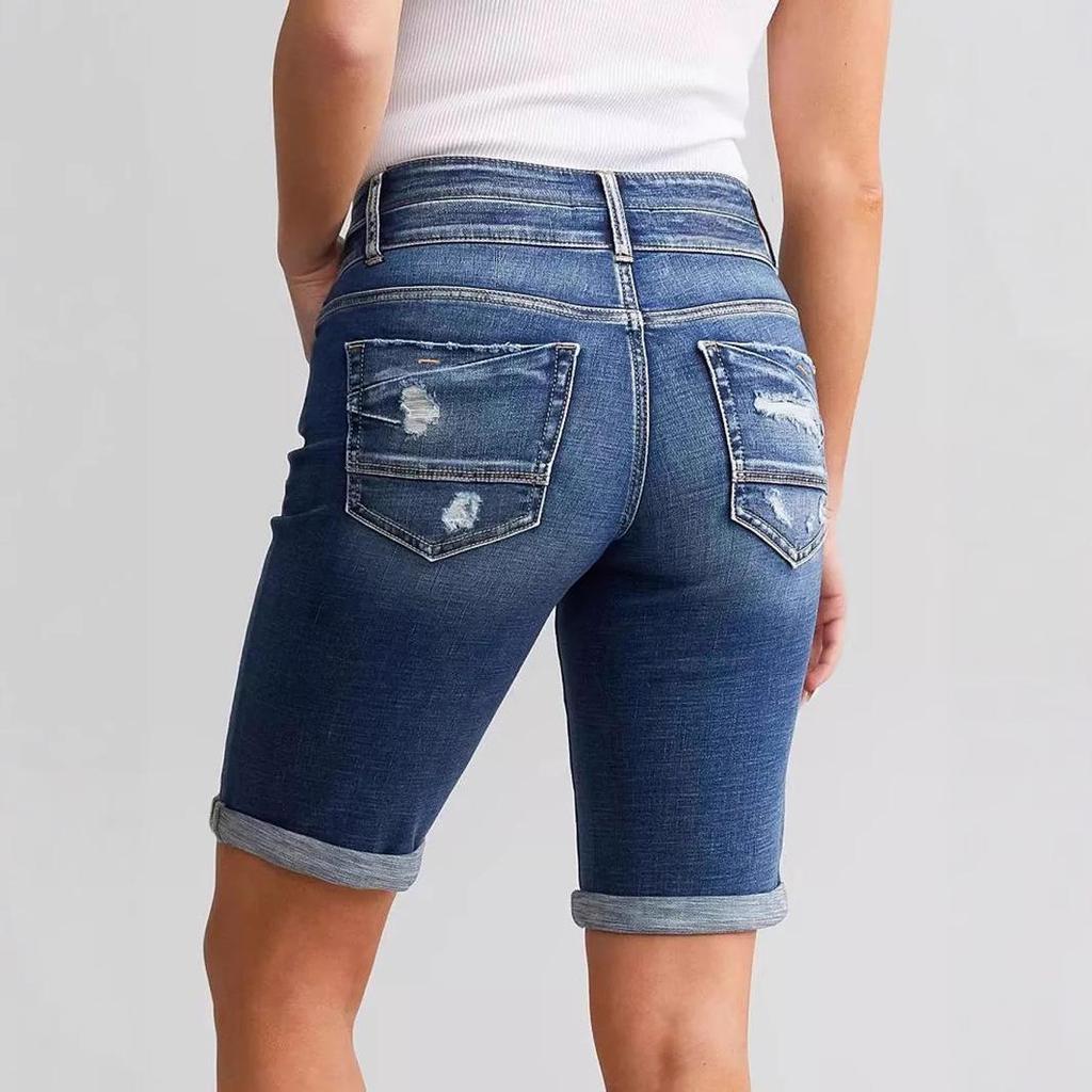 Women's Mid-Length Elastic Denim Shorts - Double-Button Washed Jeans, European & American Style Fashion.