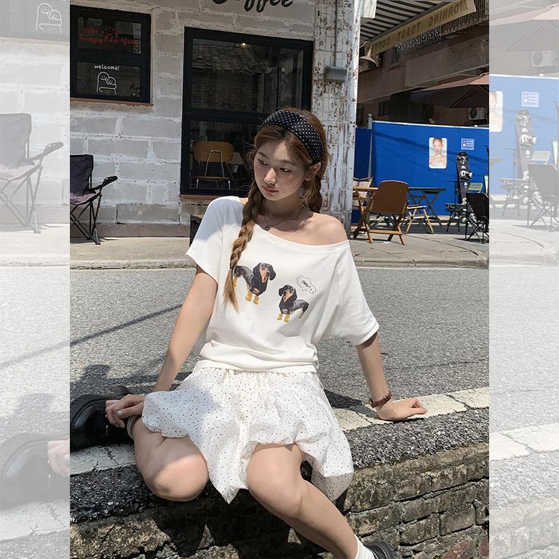 American Dachshund Printed Slash Shoulder Design Short Sleeve T-Shirt Women's Summer New Off-Shoulder Loose Top