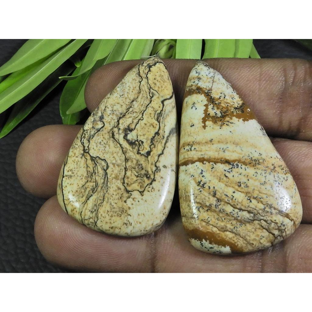 88Cts. 2Pcs Natural Picture Jasper Pear Cabochon Gemstone 24X42-25X44 MM A-98