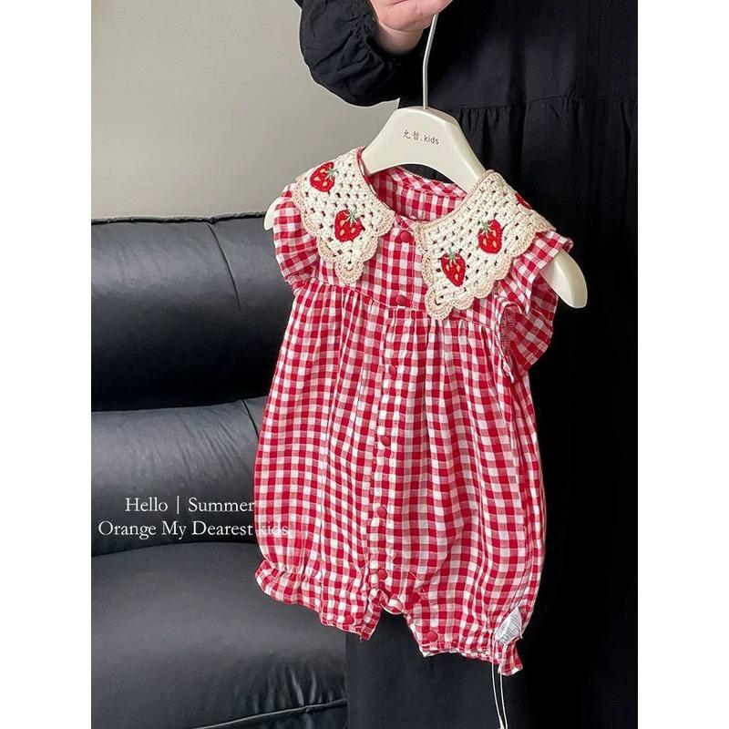 Soft Thin Summer Doll Collar Romper Strawberry Grid Frill Design Stylish Infant Girls Daily Crawling Wear 0-18M