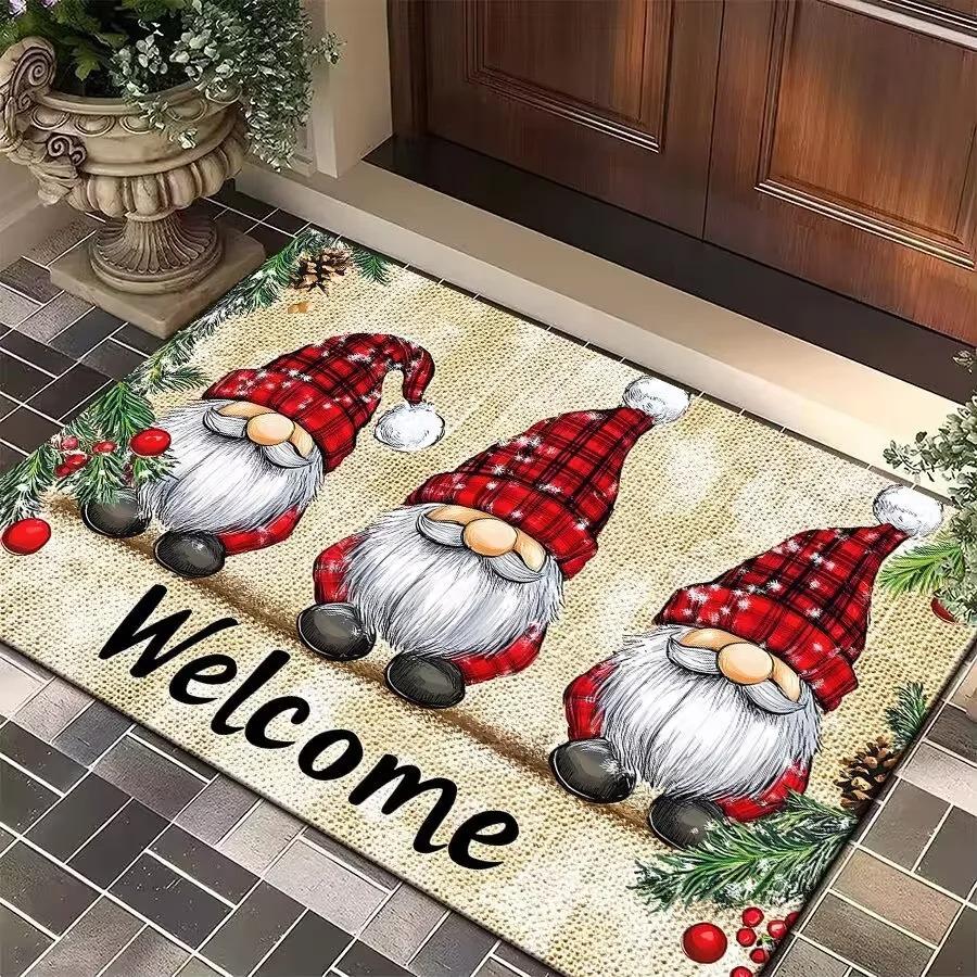Weihnachtswichtel Fußmatte Karomuster Willkommensmatte Festliche Wohnkultur Matte Wasserdicht Rutschfest Boden Schutz für Xmas Eingang