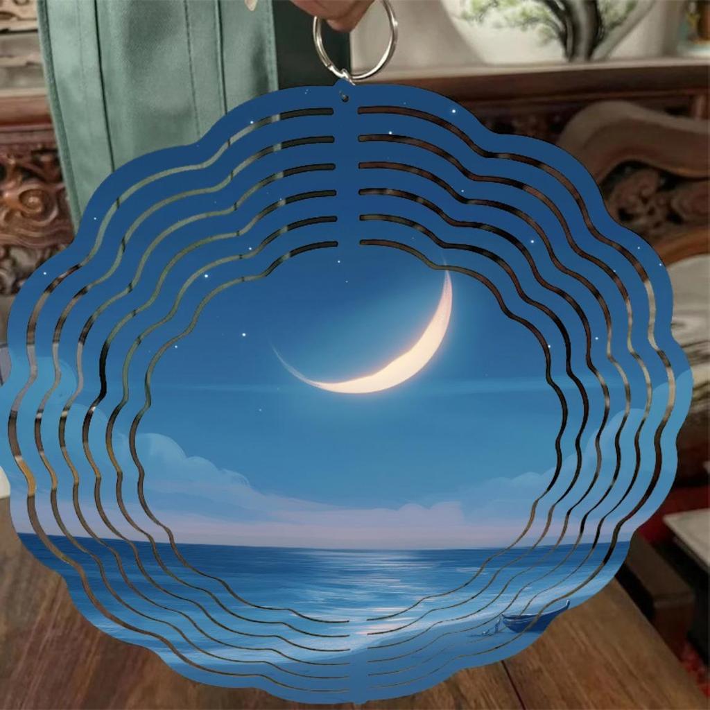 Mondsichel Ozean Windspiel mit 360-Grad-Haken Blau Weiß Gestreifte Metallkunst für Garten Balkon Terrasse Dekor Geschenk für jede Jahreszeit