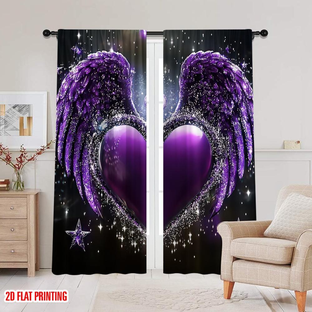 Flat Printing Window Drapes Romantic Heart Shaped Wings Protecting Privacy Summer Party Decorations Suitable Various Curtain Set Of 2 Made Polyester