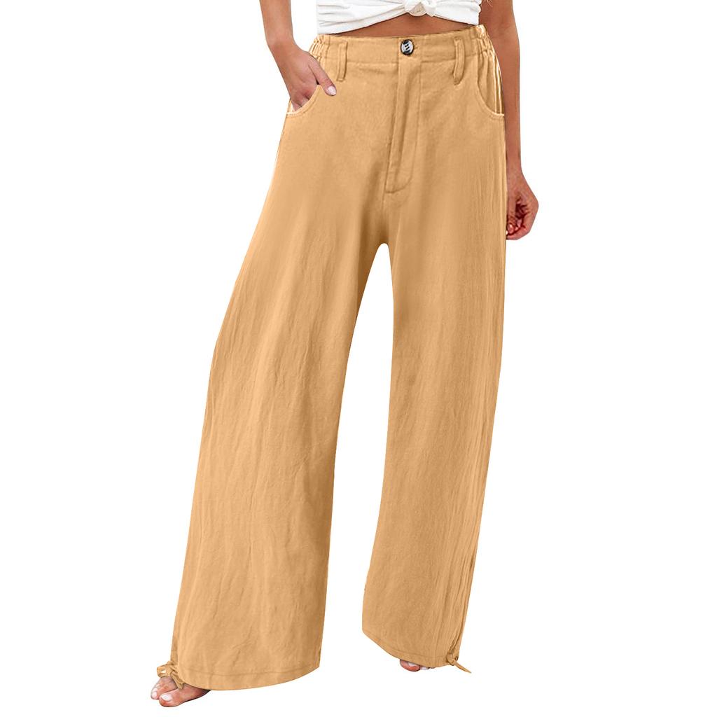 Zomer Katoenen Linnen Wijde Pijpen Broek Vrouwen Losse Palazzo Broek Zak Elastische Taille Knoop Casual Broek