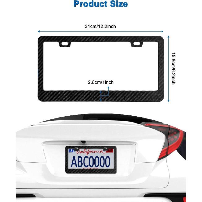 Black Carbon Fiber License Plate Frames, Plastic Number Plate Holder Print Carbon Pattern for Men and Women, 2 Pack with Screws Caps for Front Rear